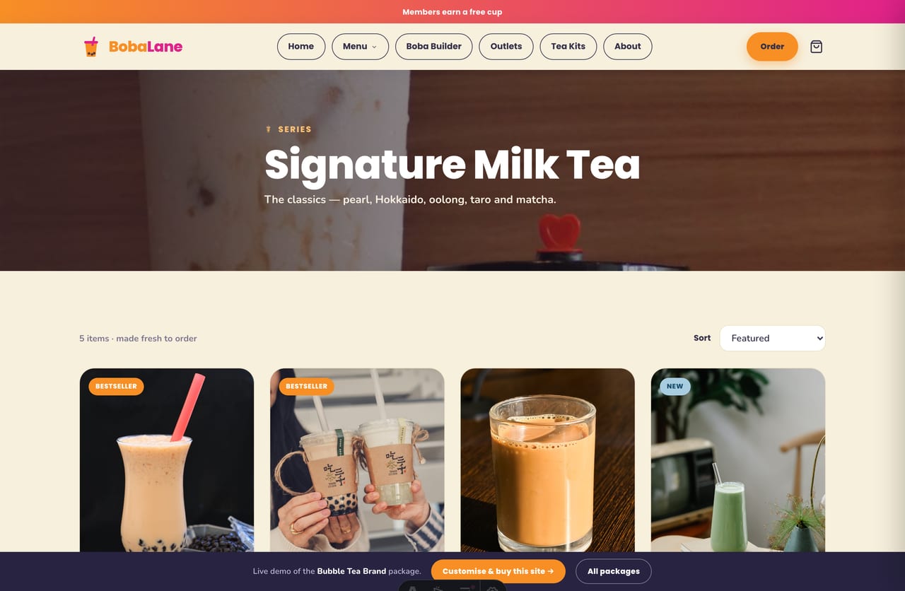 Signature milk tea series collection page with sorting on the Singapore boba demo