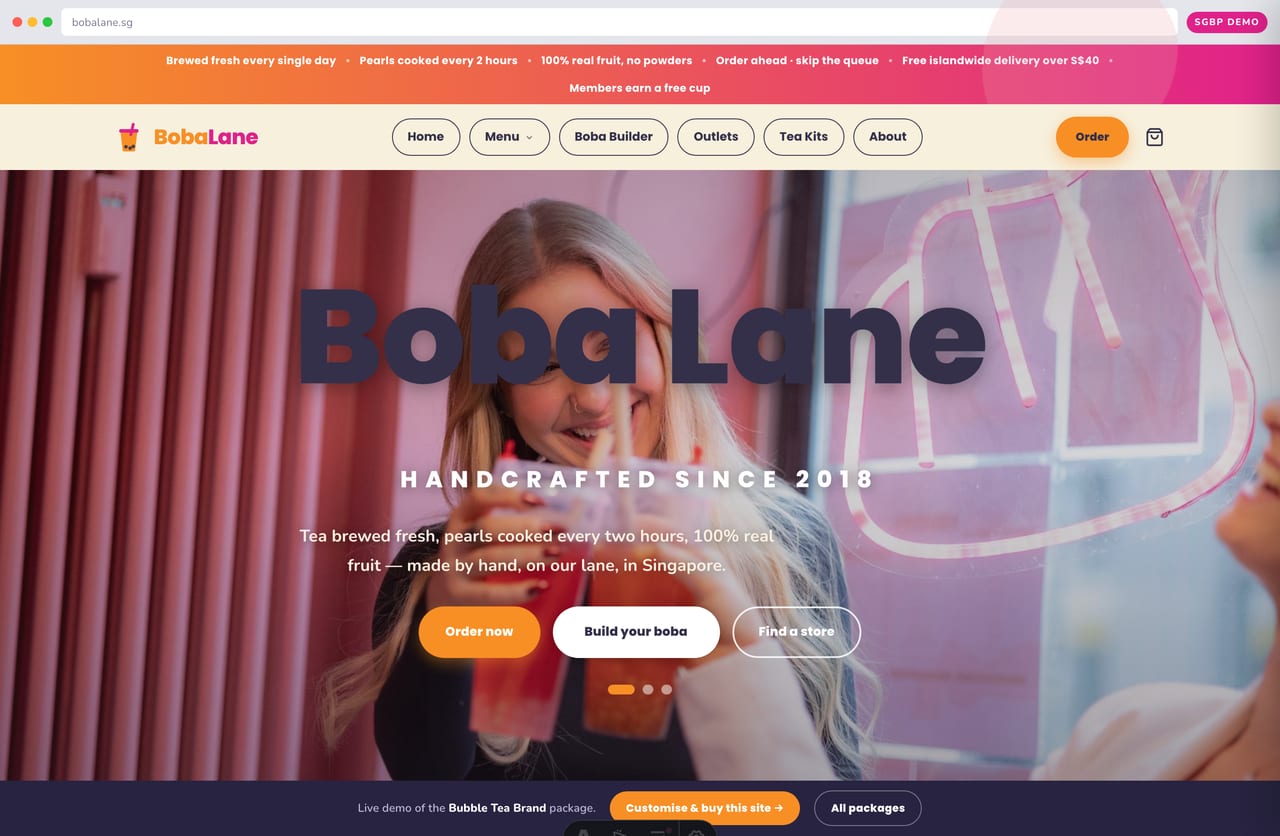 Boba Lane bubble tea brand website homepage demo — full-bleed photo hero, playful pill nav and order-ahead promise (Singapore)