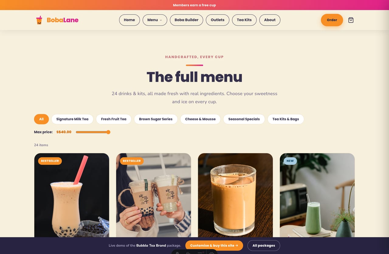 Bubble tea menu page with filterable drink grid, quick-add and SGD pricing