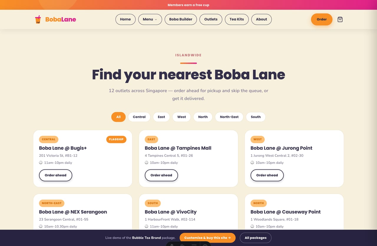 Store locator page with 12 Singapore bubble tea outlets and order-ahead buttons