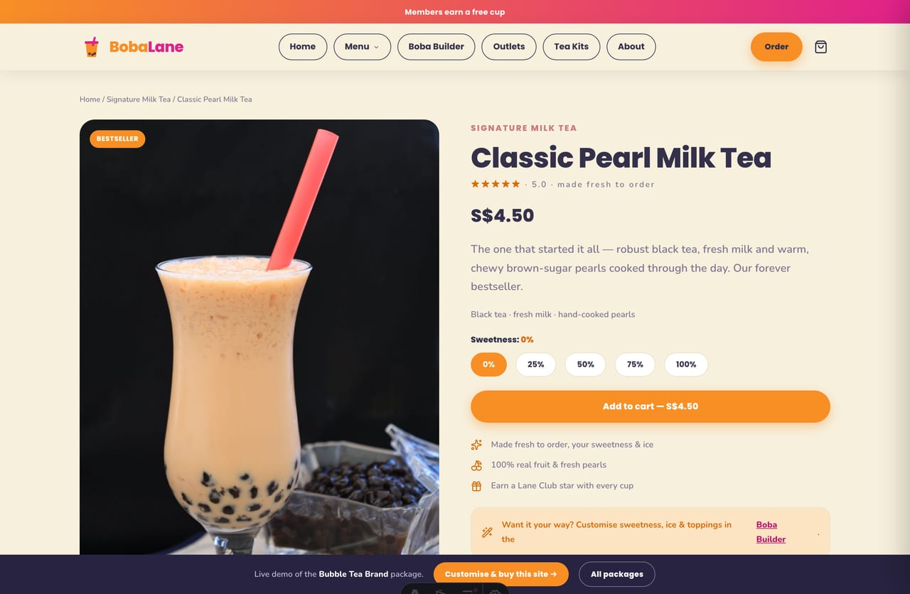 Bubble tea product page with image, sweetness and ice options and add-to-cart