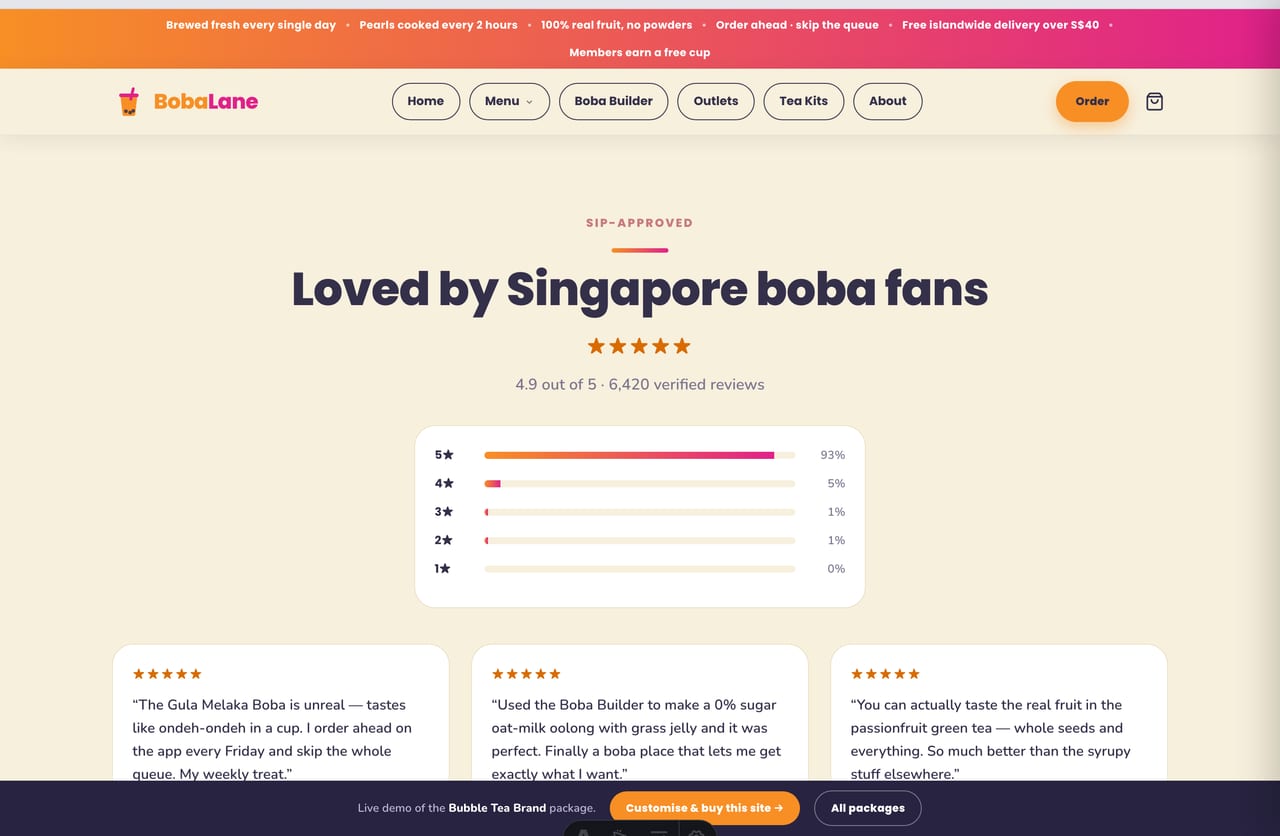Singapore customer reviews and star ratings on the Boba Lane bubble tea brand website