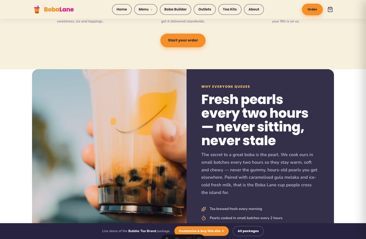 Fresh-pearls, real-fruit, handcrafted trust block on a Singapore bubble tea homepage