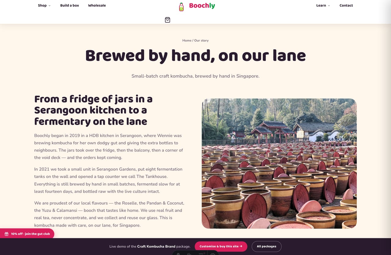 About and brand-story page for a Singapore craft kombucha brand