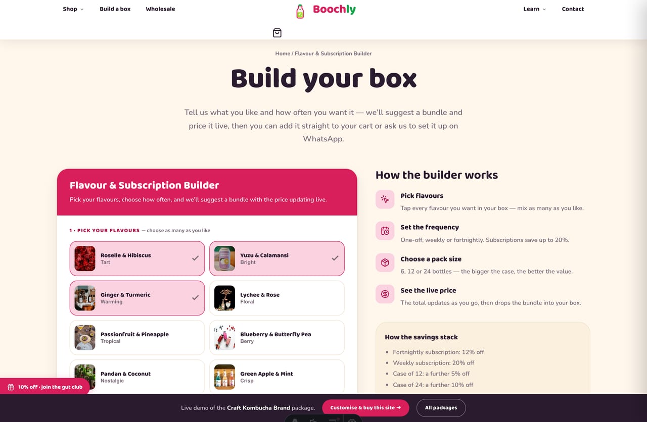 Interactive Flavour & Subscription Builder on the Boochly Singapore kombucha website