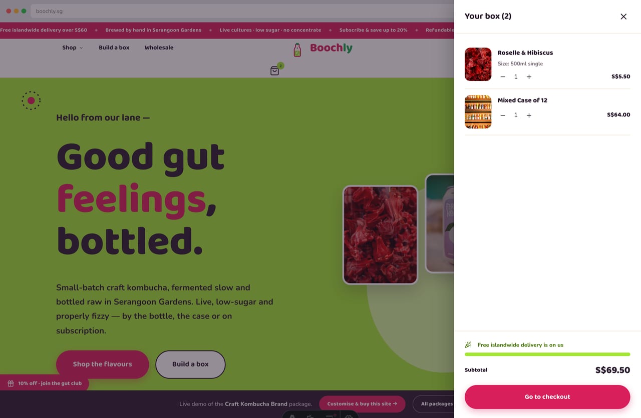 Slide-out cart drawer with a free-islandwide-delivery progress bar on the Singapore kombucha store