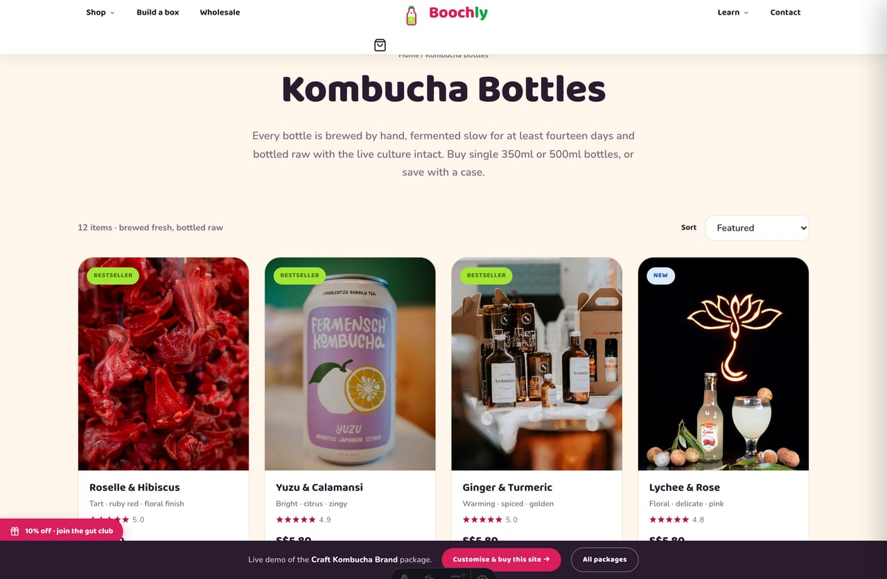 Kombucha bottles collection page with sorting and quick-add on the Singapore Boochly demo