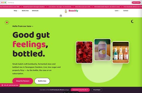 Boochly craft kombucha brand website homepage demo — illustrated lime hero, bubbly logo and subscribe-led shopping (Singapore)