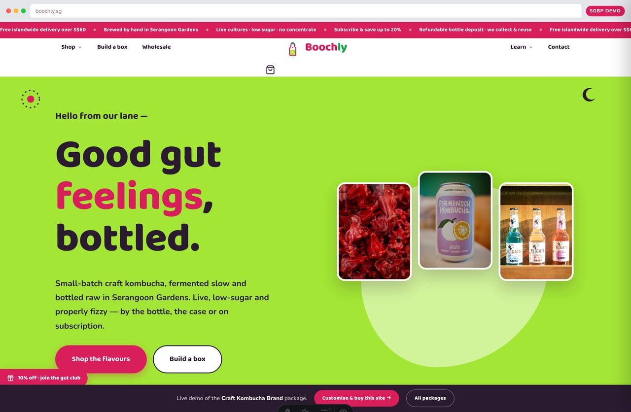 Boochly craft kombucha brand website homepage demo — illustrated lime hero, bubbly logo and subscribe-led shopping (Singapore)
