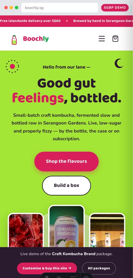 Boochly kombucha brand website shown on a mobile phone