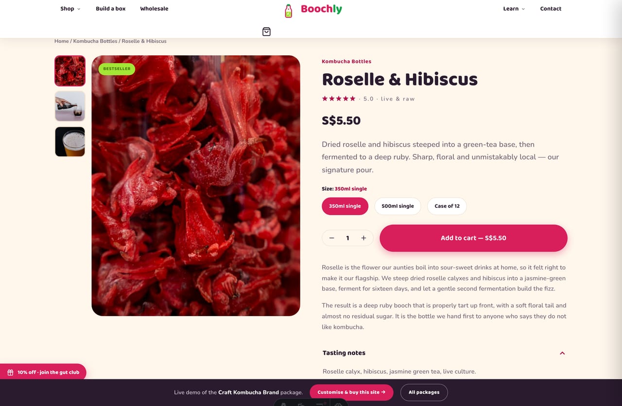 Kombucha flavour product page with thumbnail rail, size options and add-to-cart