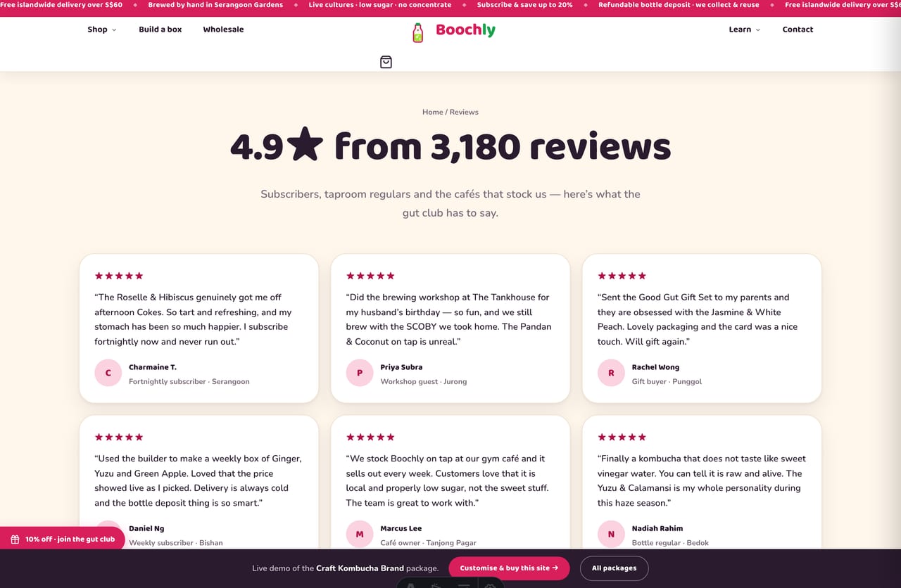 Singapore customer reviews and star ratings on the Boochly kombucha brand website