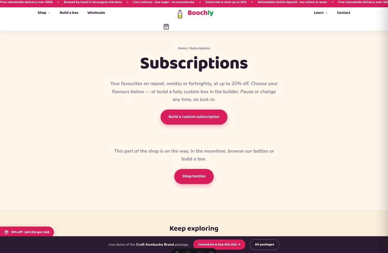 Subscriptions collection page on the Boochly kombucha brand website