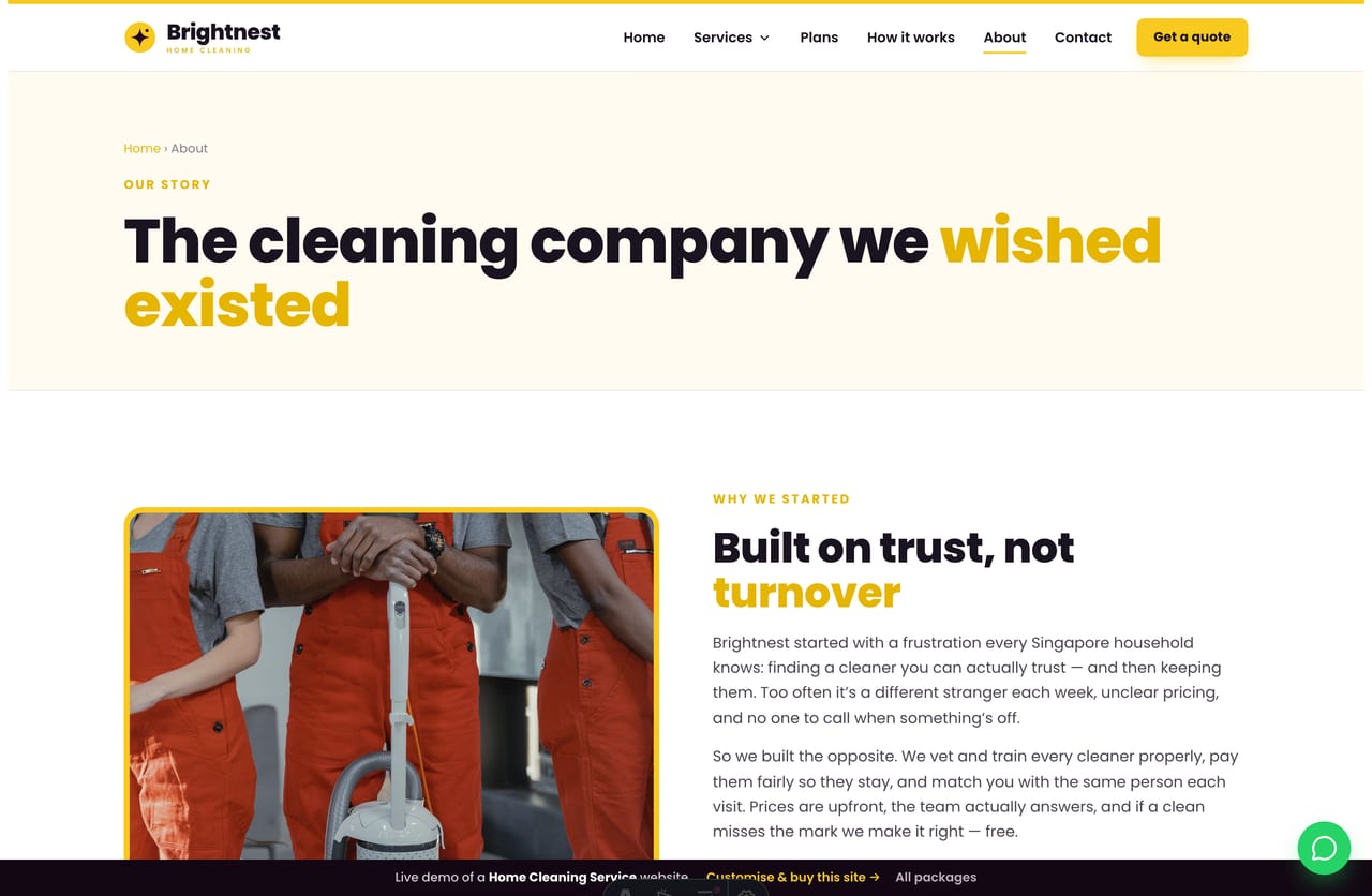 The About page for a Singapore home-cleaning trade — founder story, the team of cleaners and the values they stand by