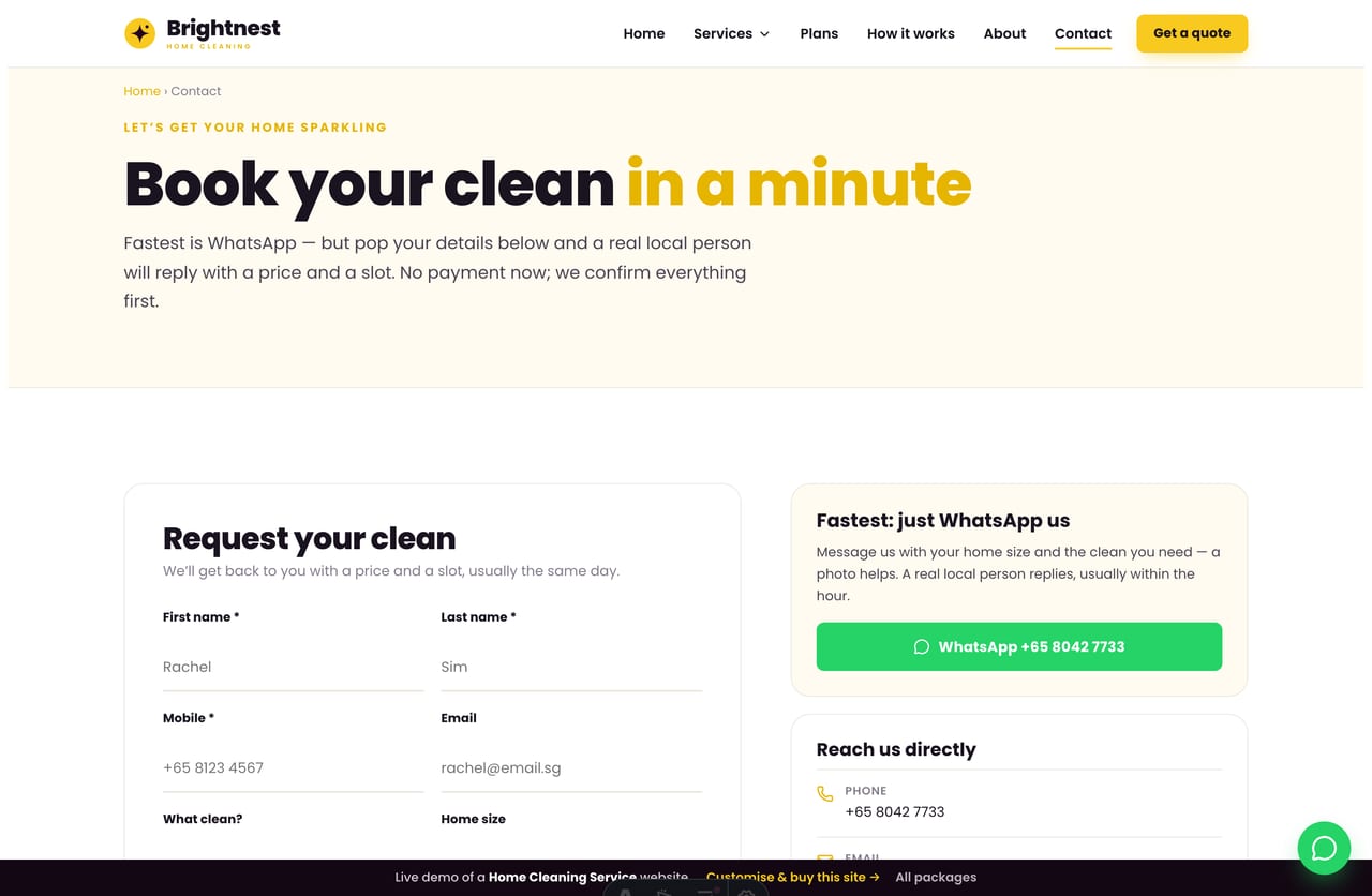 Booking & contact page on the Brightnest demo — a PDPA-aware booking form with service, home size and area, no cart
