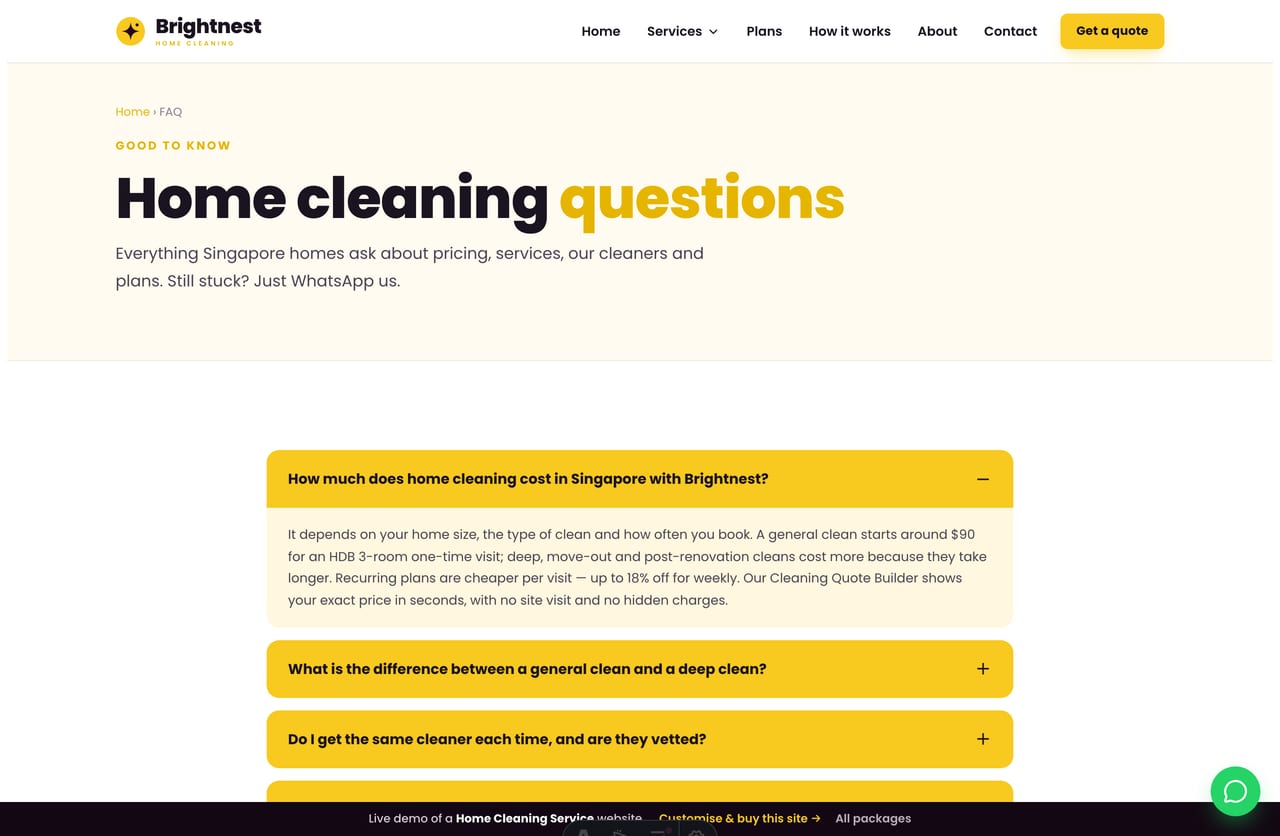 FAQ page on the Brightnest demo — rounded yellow accordion bars answering common cleaning questions