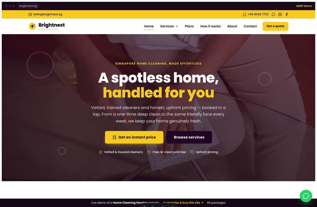 Brightnest home cleaning Singapore website homepage demo — a centered dark-photo hero, yellow & plum layout with services, a stats band and a quote builder