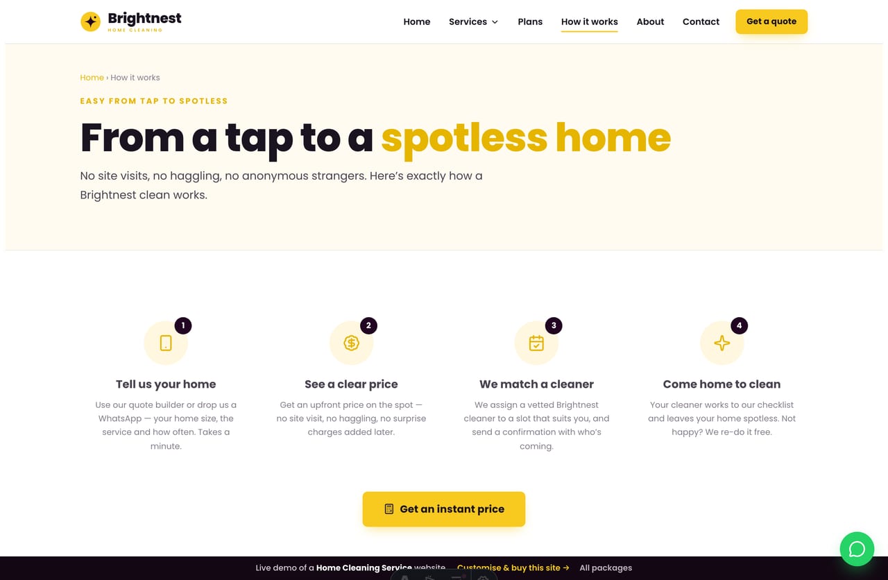 How-it-works page on the Brightnest demo — a numbered flow from tap to a spotless home, plus the trust promises