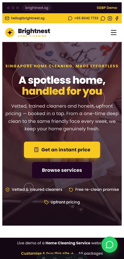 The Brightnest home-cleaning website on mobile — centered hero and a sticky quote CTA at 430px