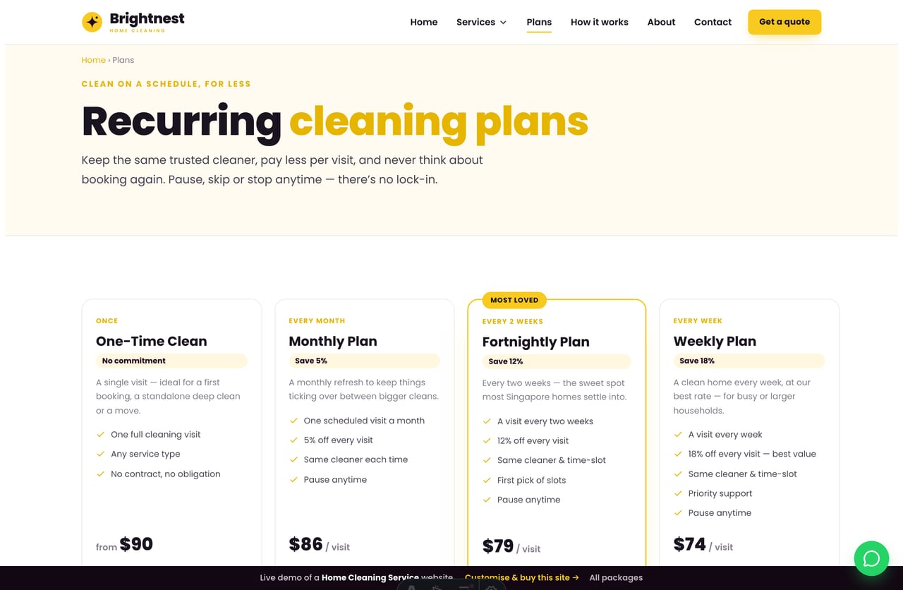 Cleaning plans page on the Brightnest demo — one-time, weekly, fortnightly and monthly plans as reservation cards with discounts, no cart