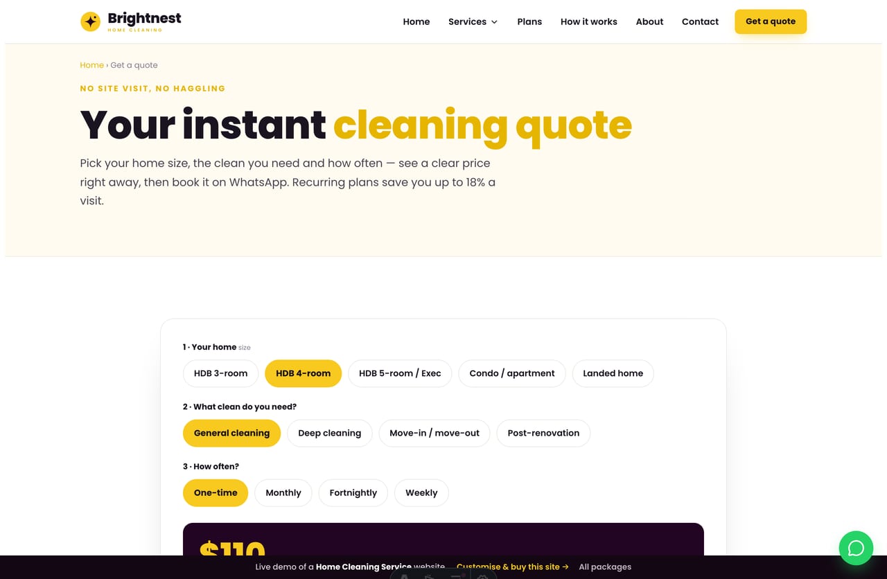 The interactive Cleaning Quote Builder on the Brightnest demo — pick home size, service and frequency for a live price