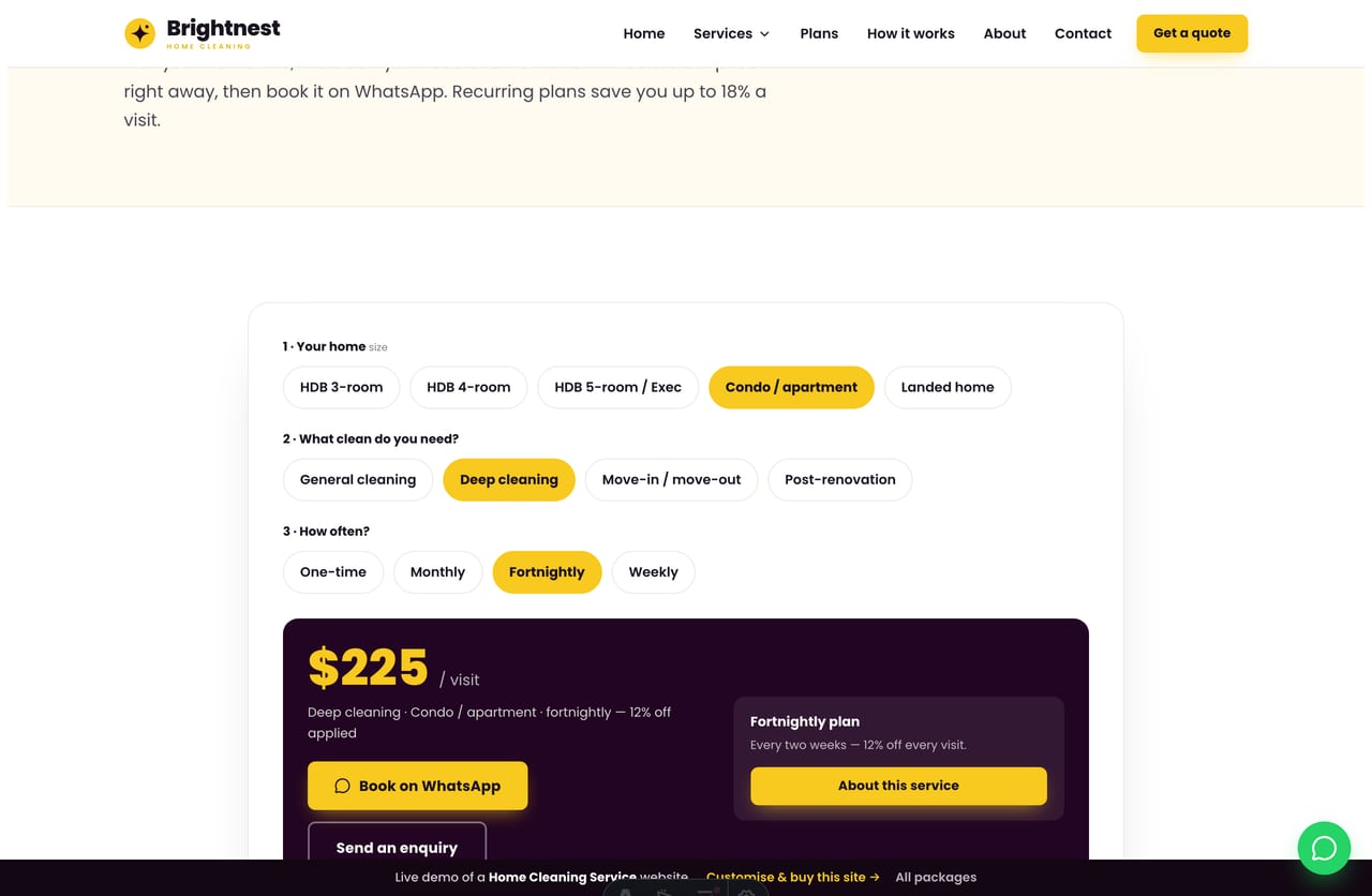 Cleaning Quote Builder result on a Singapore cleaning site — a live price with the recurring discount applied and a WhatsApp booking CTA