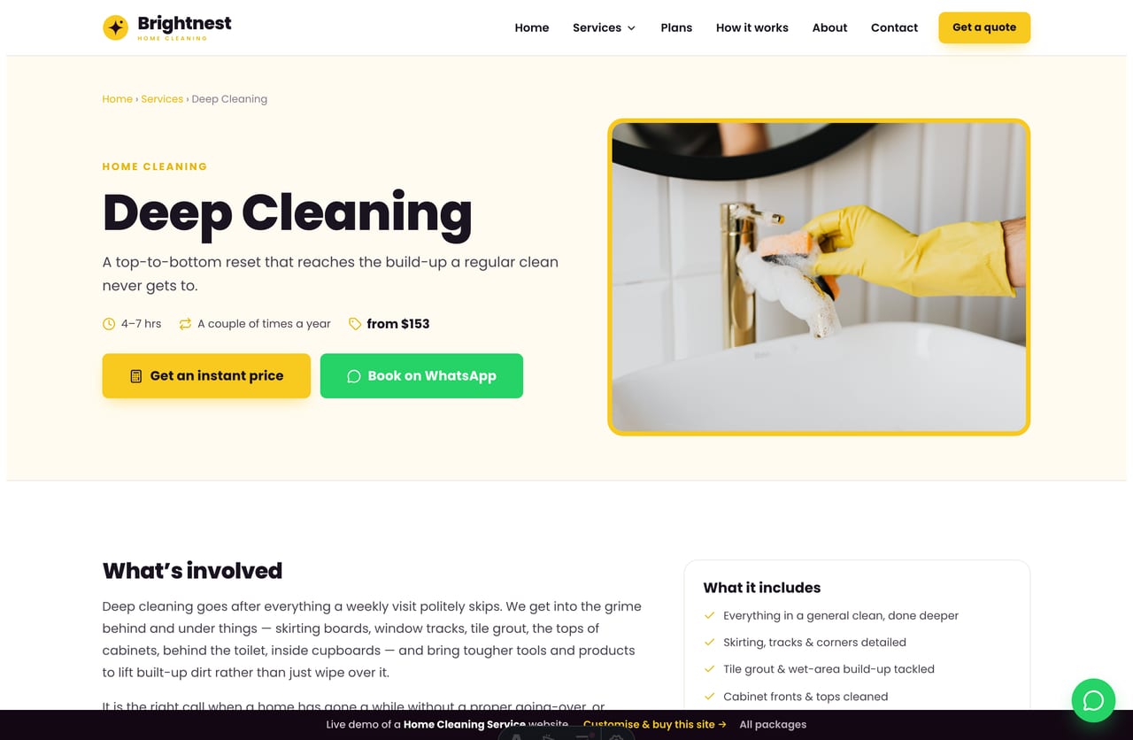 A cleaning service detail page on the Brightnest demo — hero image, duration, from-price, what it includes, add-ons and a booking CTA