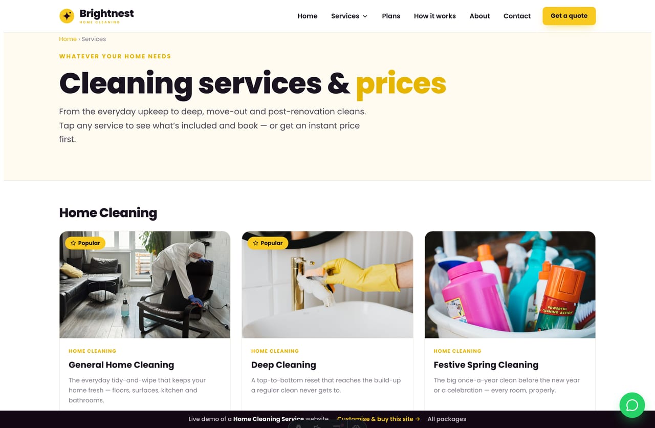 Cleaning services menu page on the Brightnest demo — general, deep, move-out, post-renovation, spring and mattress cleaning grouped by category