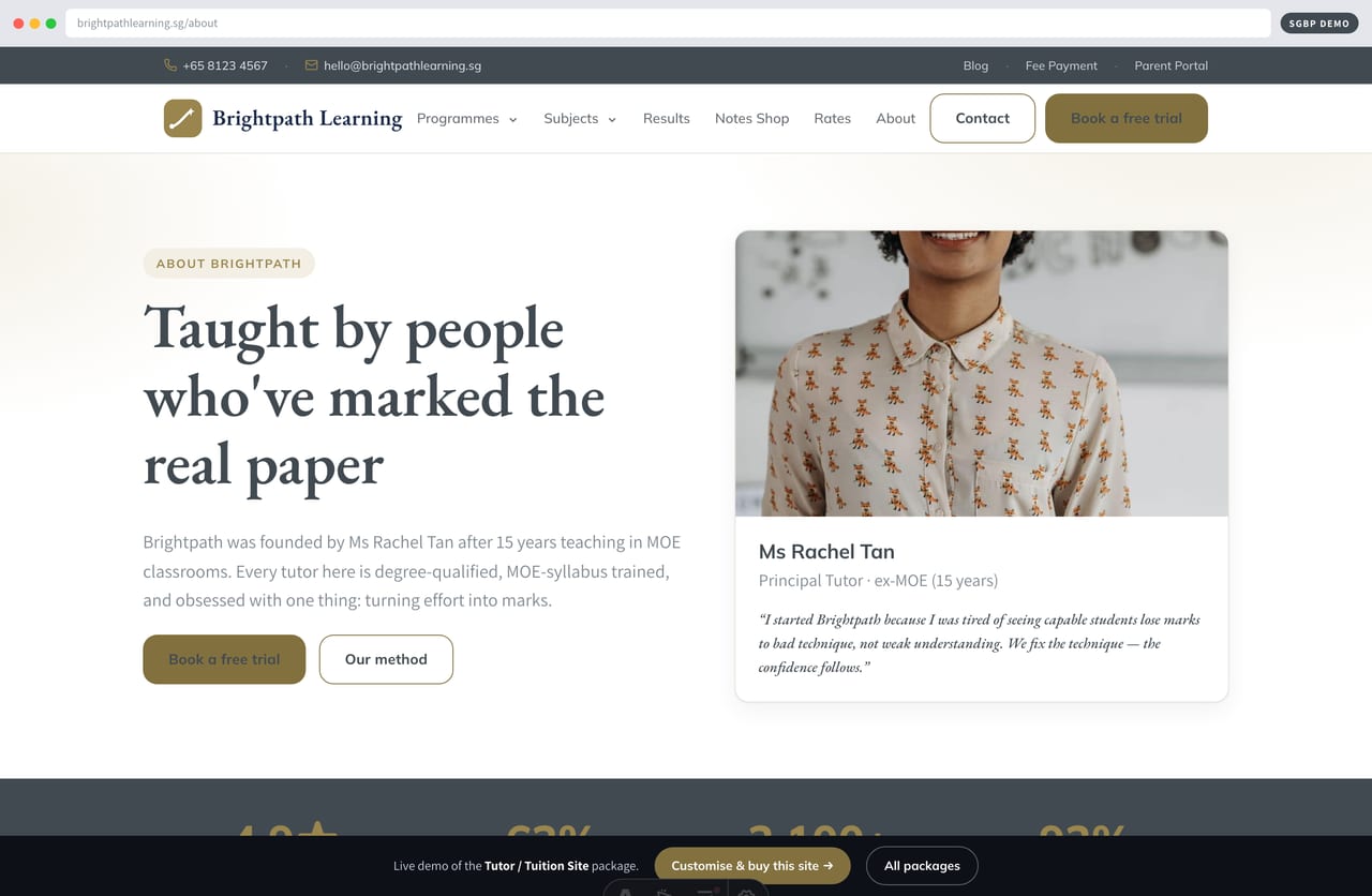 About page with ex-MOE principal tutor story on a Singapore tuition centre website