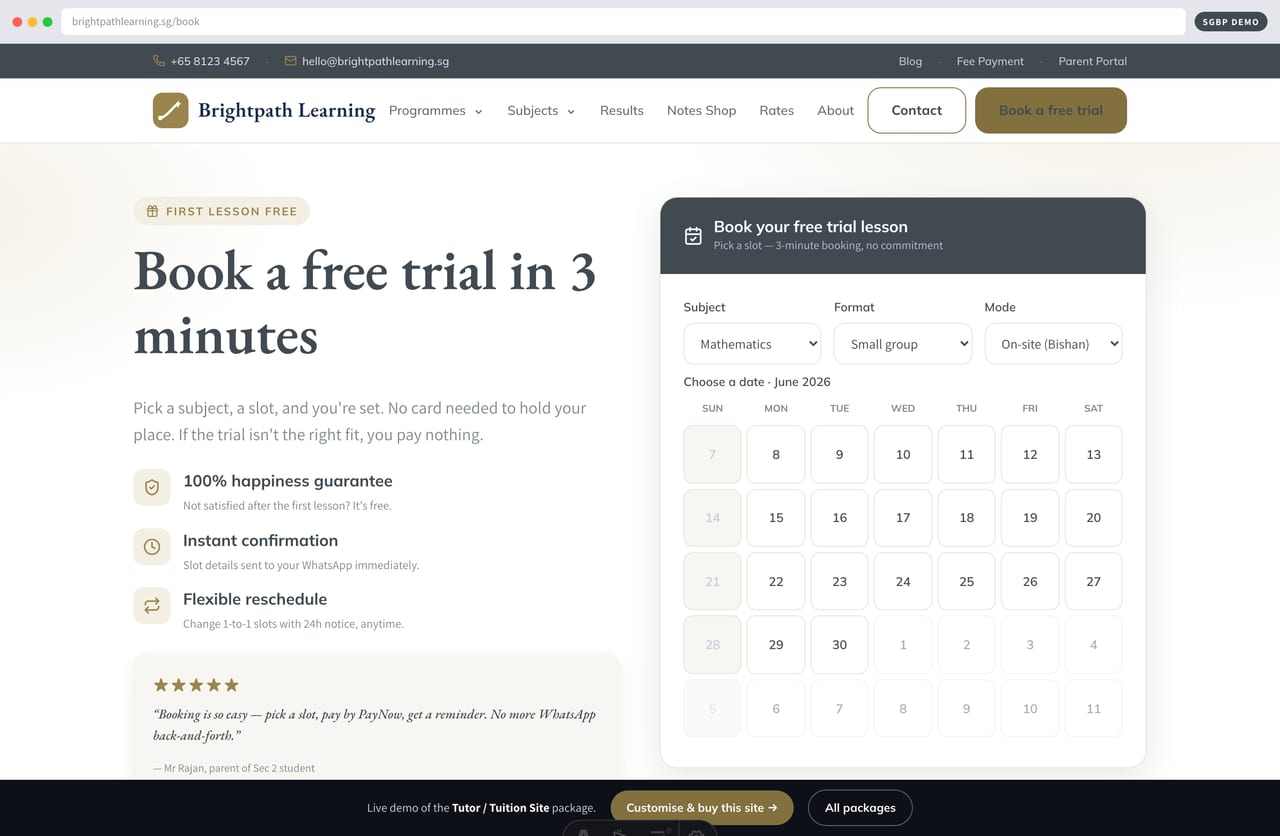 Online trial booking page on a Singapore tuition website with PayNow deposit
