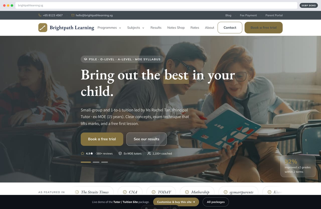 Brightpath Learning tuition centre website homepage demo — hero, headline stats and trust strip (Singapore)