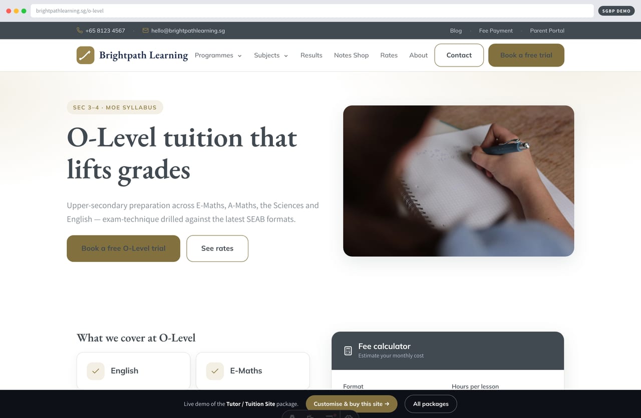 O-Level tuition page with SEAB exam-technique programmes on a Singapore tuition website