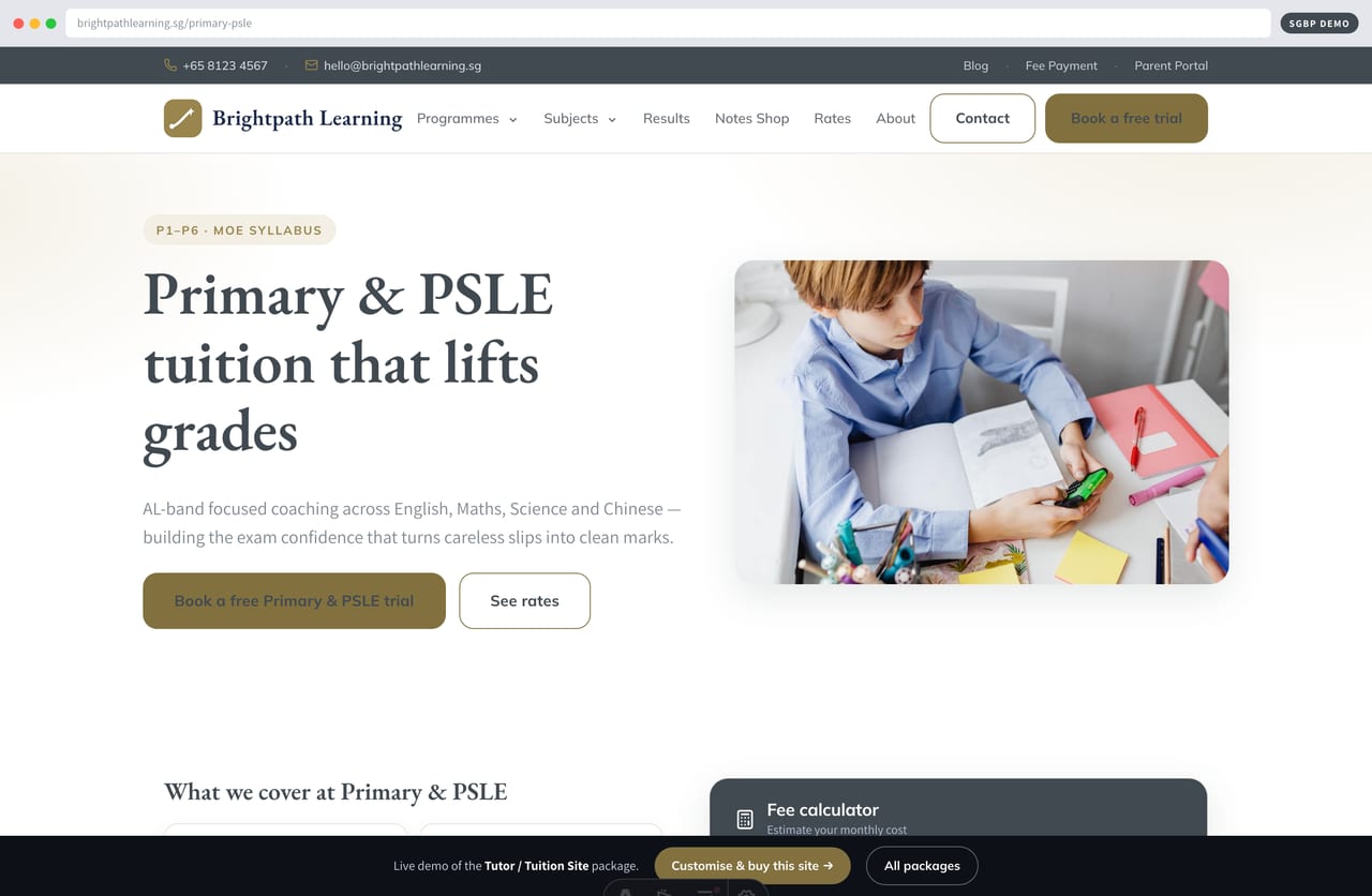 Primary & PSLE level page on a Singapore tuition centre website with AL-band coaching outcomes