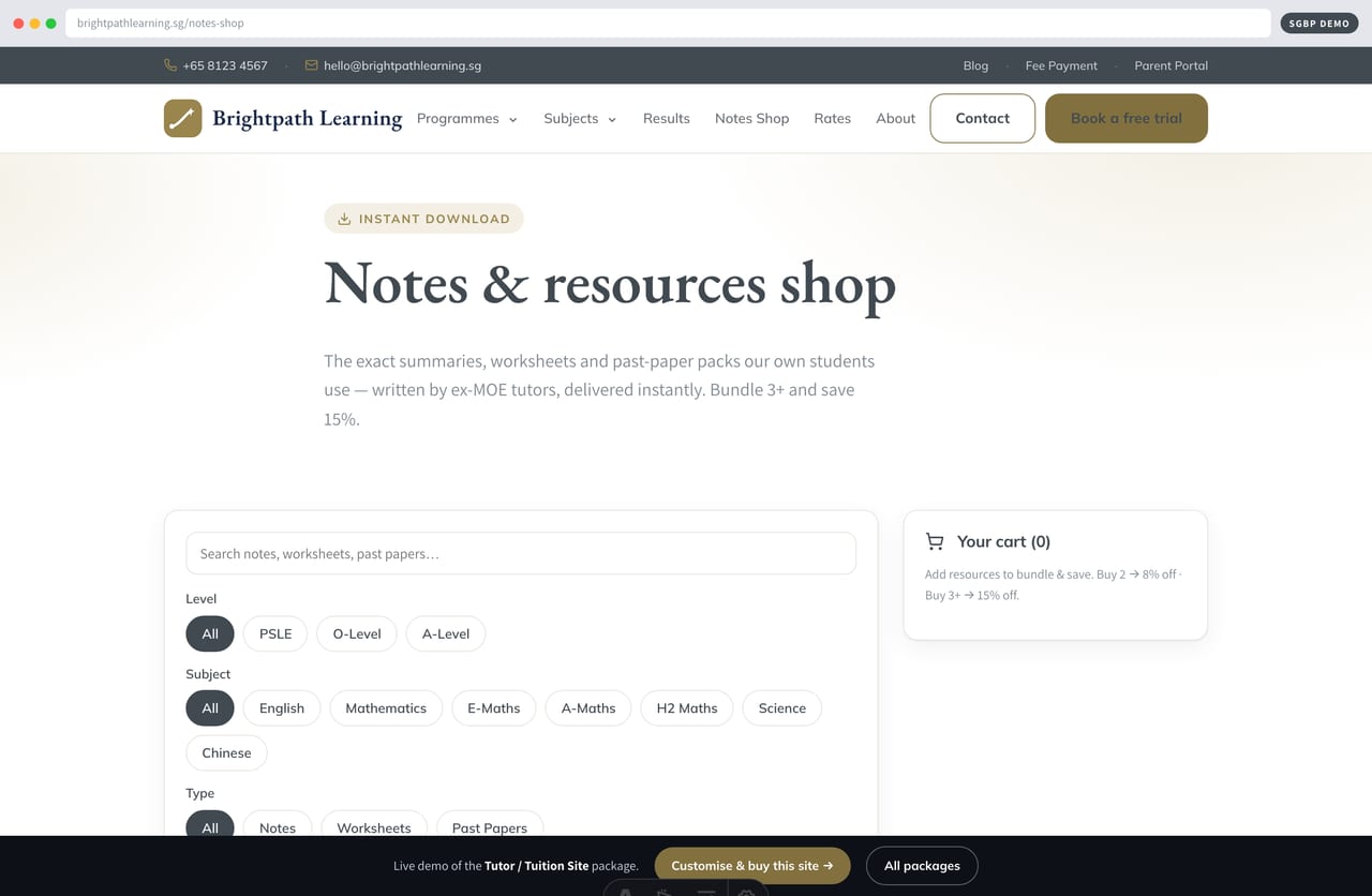 Notes shop selling PSLE, O-Level and A-Level PDF notes as instant downloads in SGD