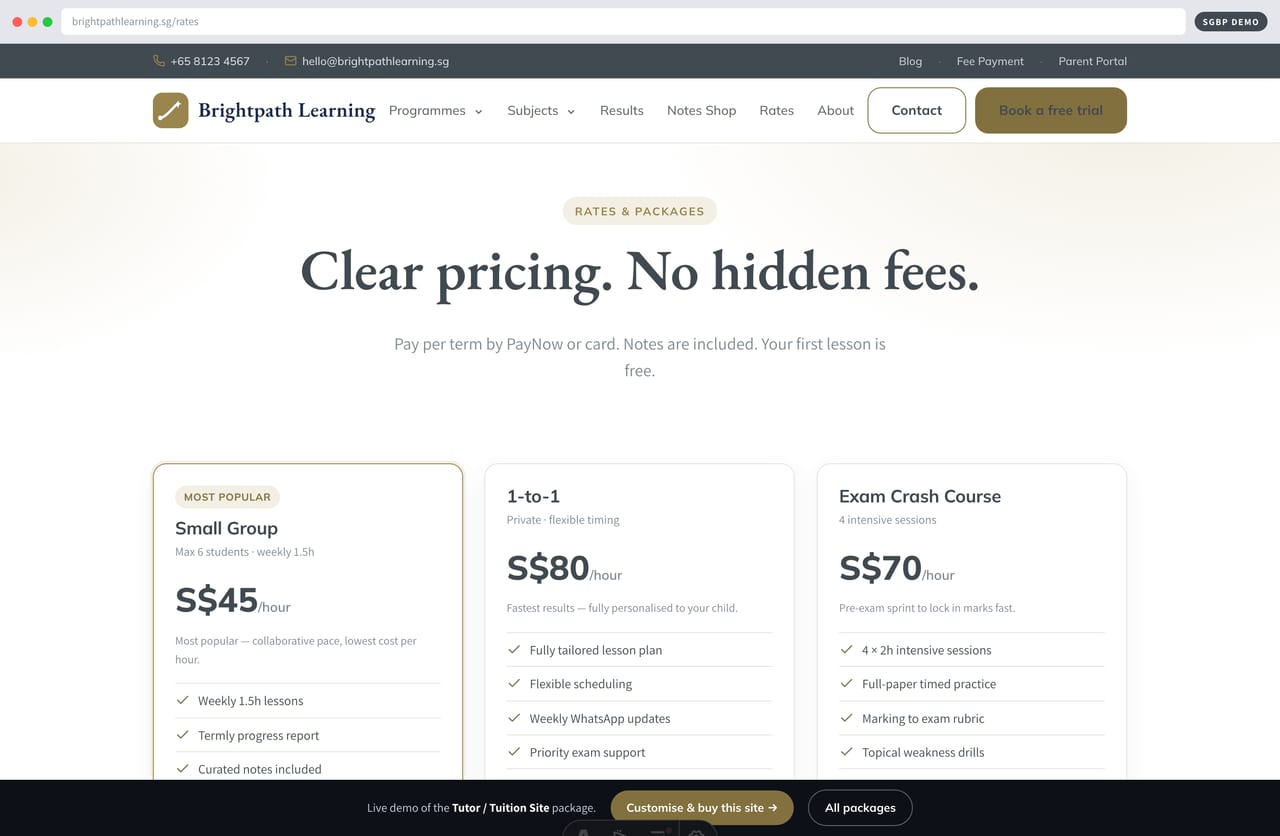 Tuition rates page with small-group, 1-to-1 and crash-course fees in SGD