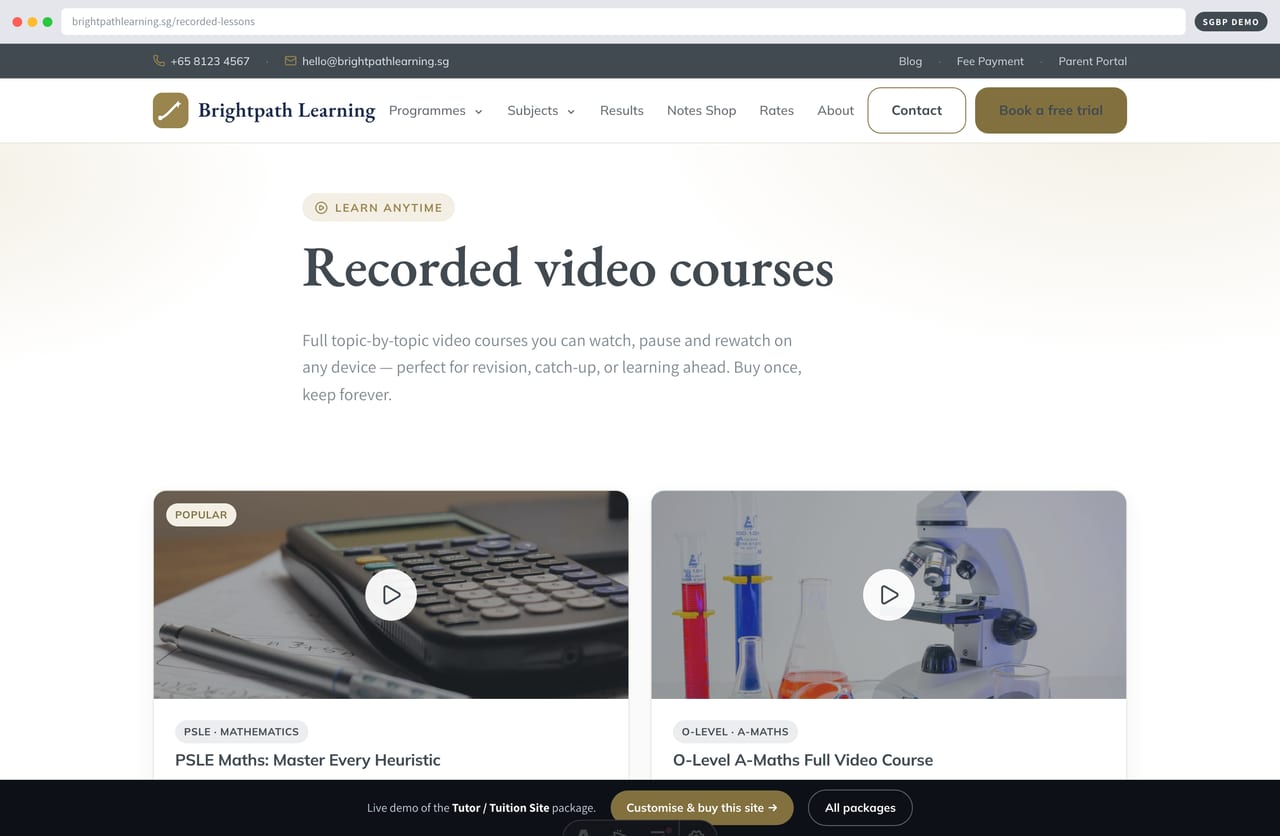 Recorded-lesson library with H2 Maths and A-Maths video courses on a Singapore tuition website