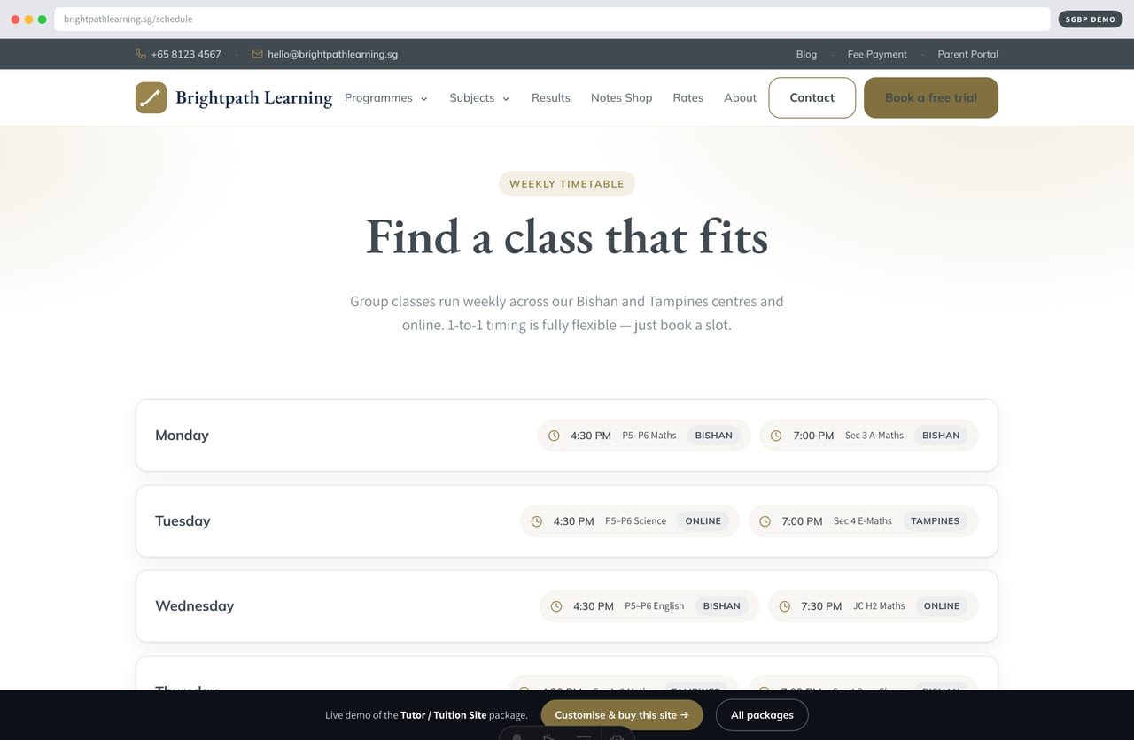 Weekly class schedule and timetable on a Singapore tuition centre website