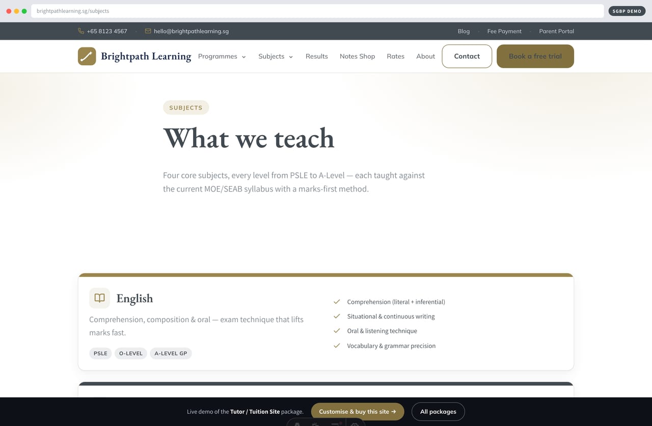 Subjects page on a Singapore tuition website — English, Maths, Science and Chinese by level