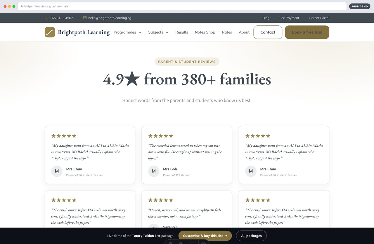 Parent and student testimonials with star ratings on a Singapore tuition centre website