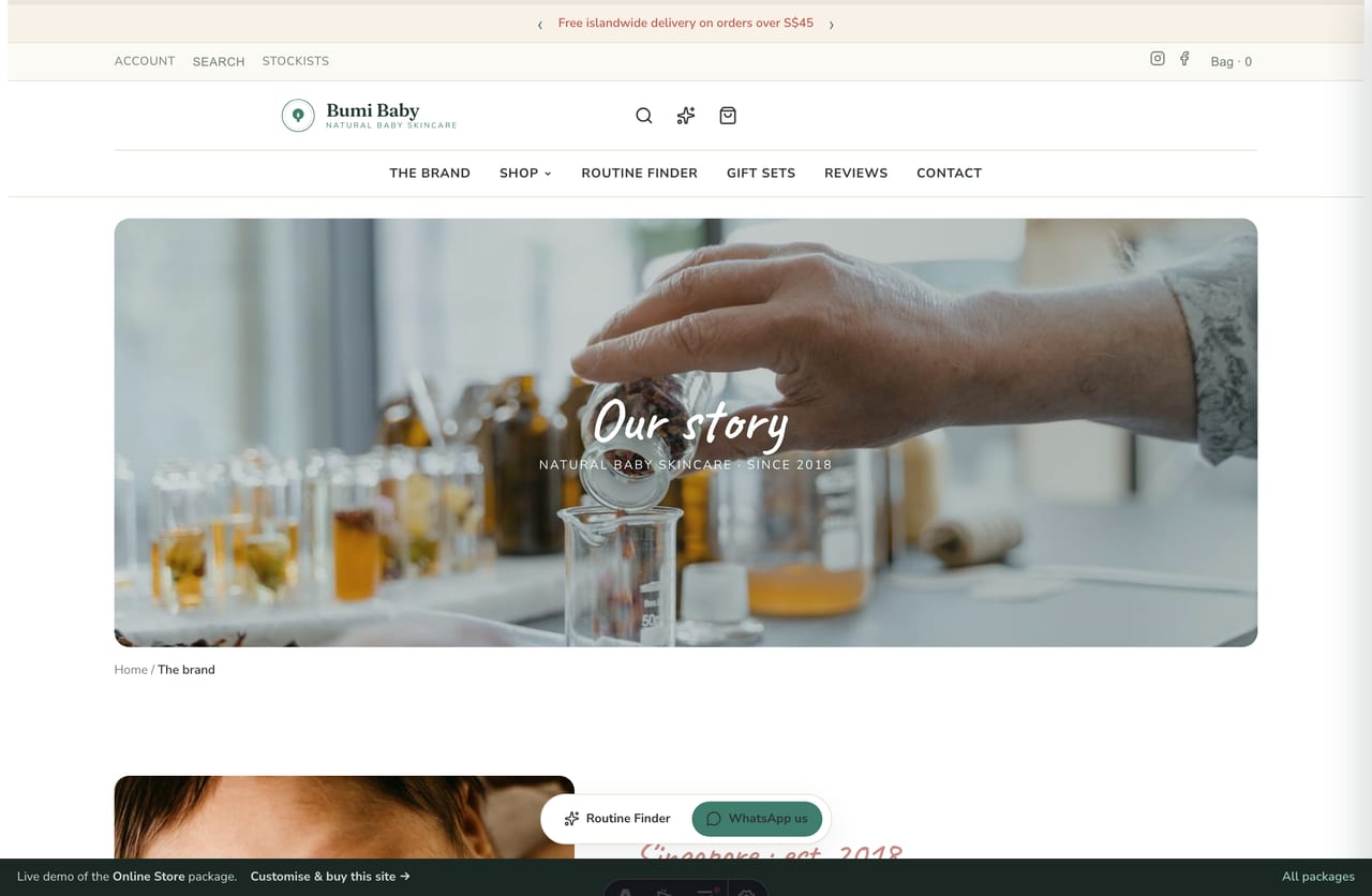 About and brand-story page for a Singapore natural baby-skincare brand started in Joo Chiat