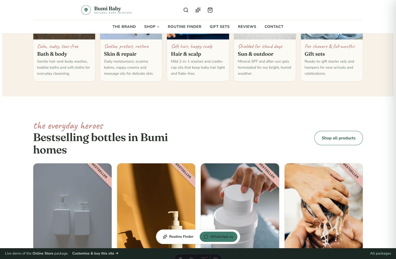 Bestseller product grid on the Bumi Baby natural baby-skincare store
