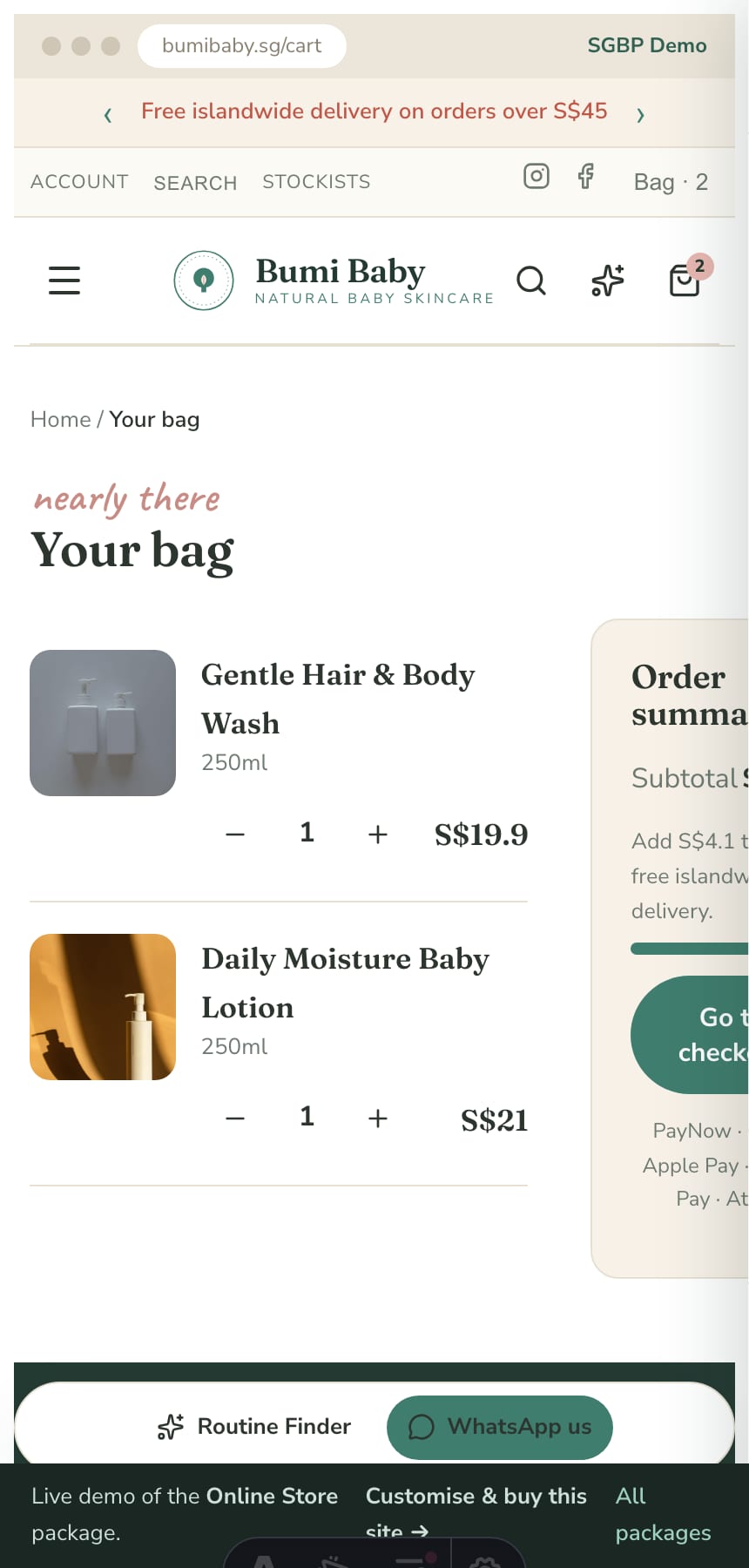 Slide-out bag drawer with a free-islandwide-delivery progress bar on the Singapore baby-skincare store