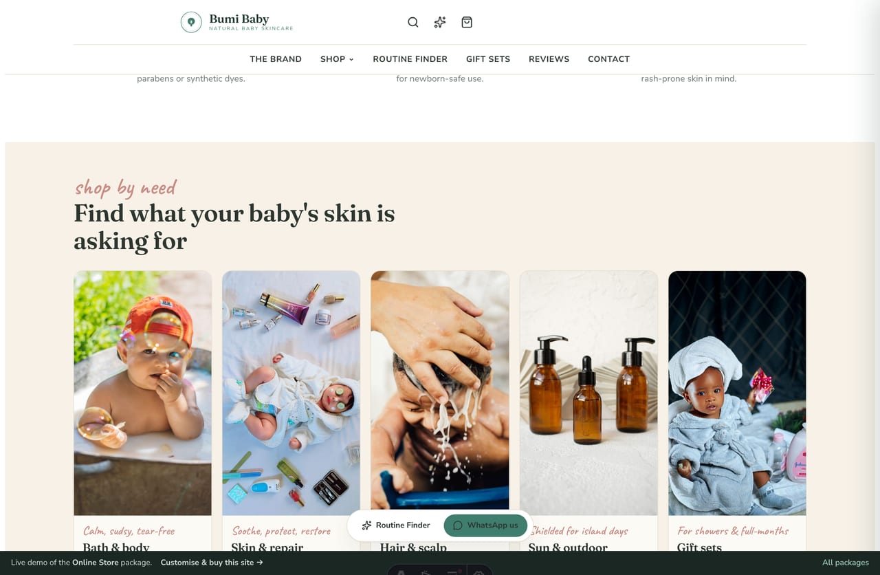 Shop-by-need tiles for a Singapore baby-skincare store — bath & body, skin & repair, hair & scalp, sun and gift sets