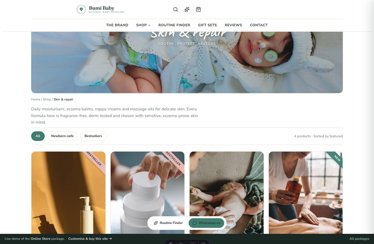 Skin & repair collection page with cross-sell on the Singapore baby-skincare store demo