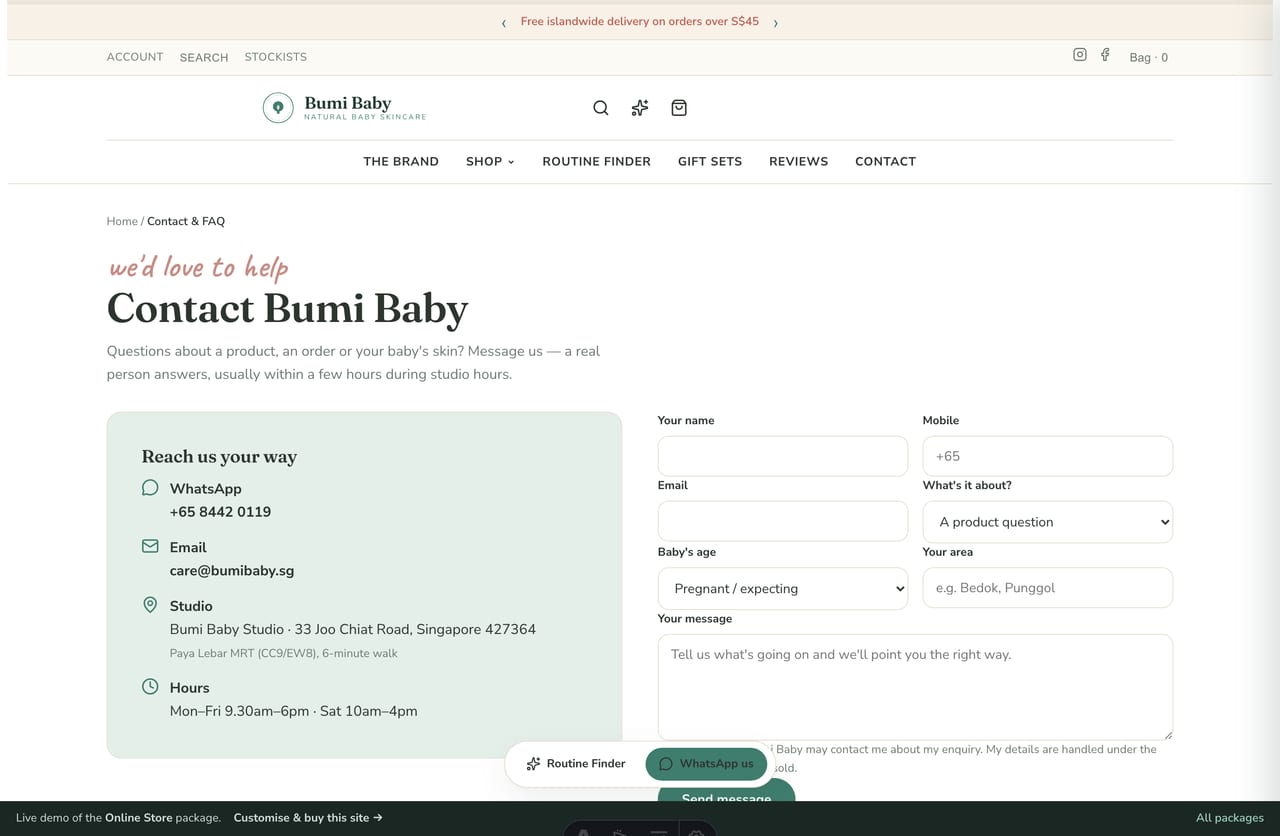 Contact, studio-location, WhatsApp and FAQ page on the Bumi Baby store demo