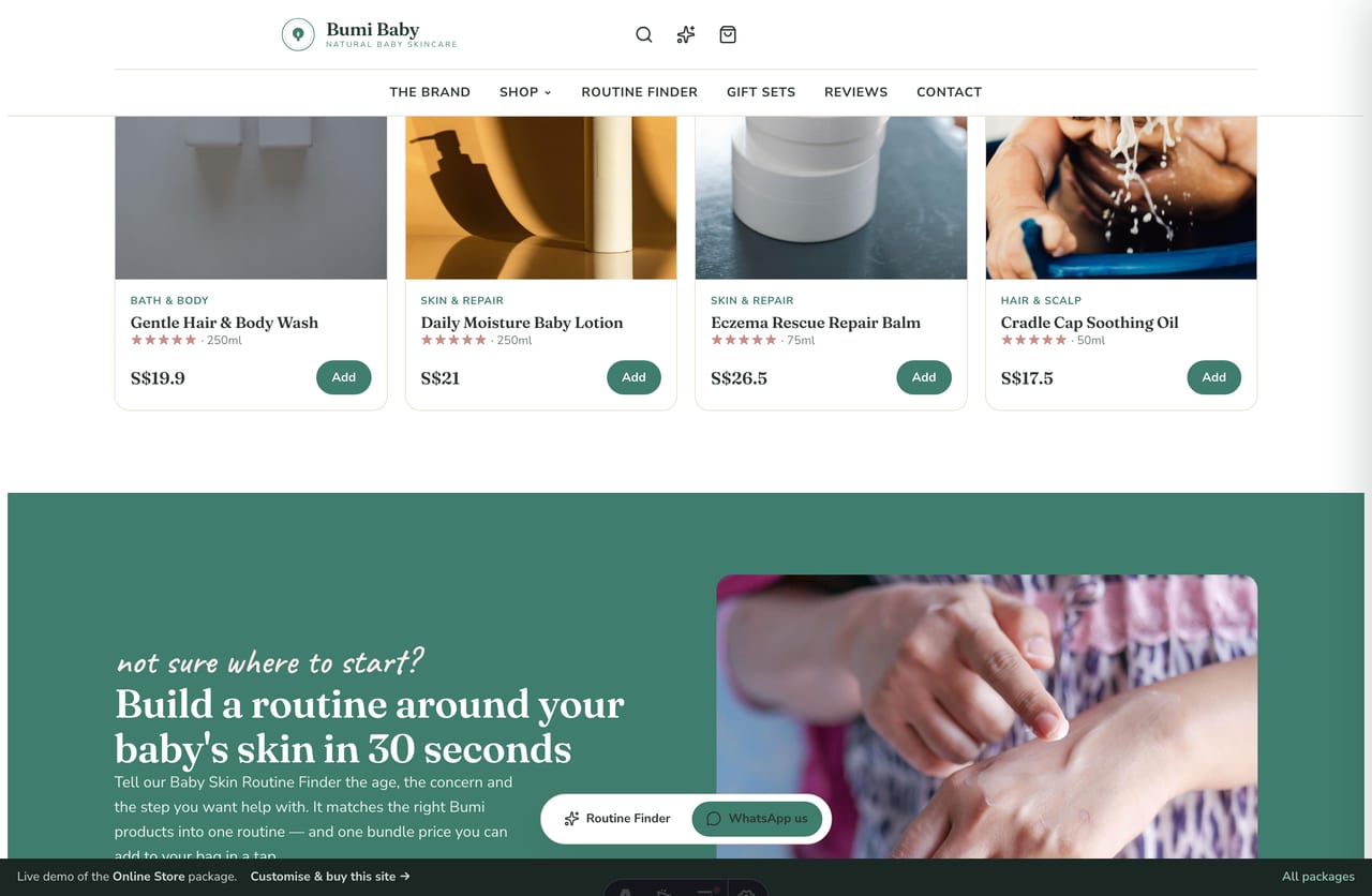 Baby Skin Routine Finder feature band on the Bumi Baby homepage