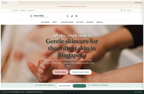Bumi Baby natural baby-skincare store homepage demo — centered roundel logo, calm lifestyle hero and a cream promo strip (Singapore)