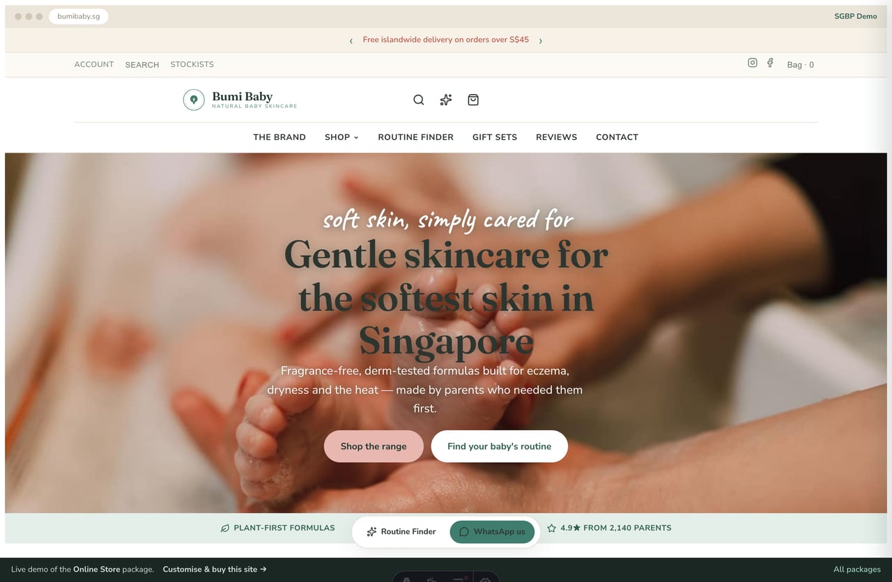 Bumi Baby natural baby-skincare store homepage demo — centered roundel logo, calm lifestyle hero and a cream promo strip (Singapore)
