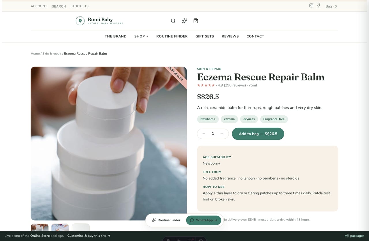 Baby-skincare product page with image gallery, age suitability, free-from list and add-to-bag