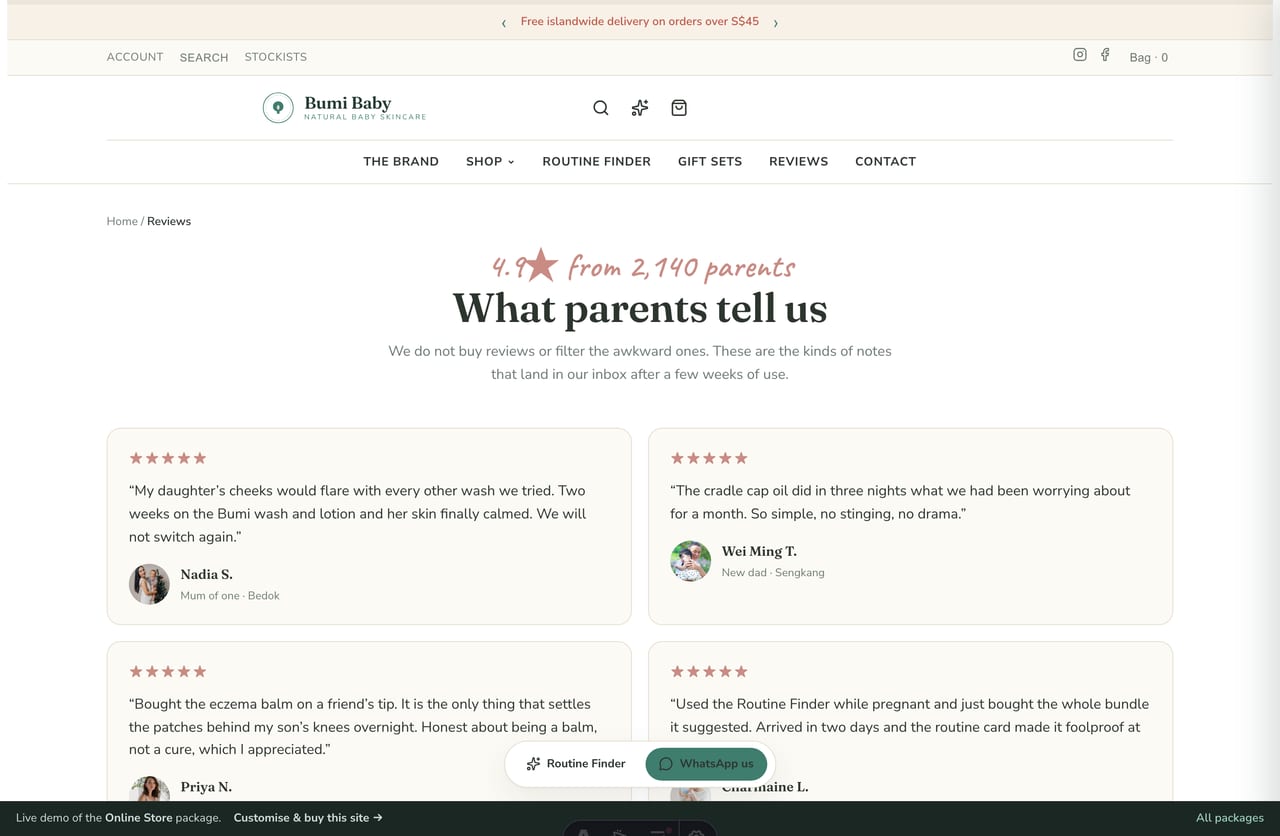 Singapore parent reviews and star ratings on the Bumi Baby baby-skincare store website